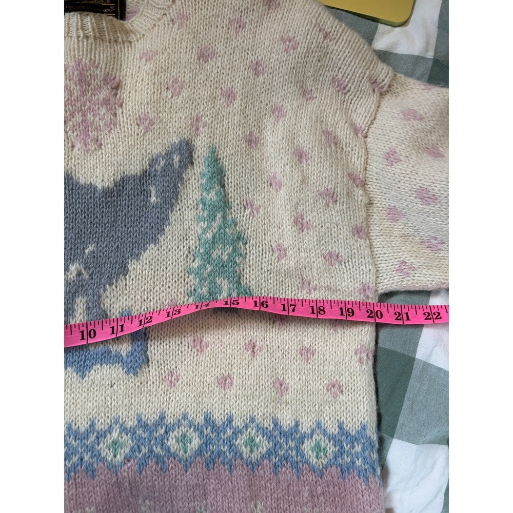 Vintage 1990 Eddie Bauer Wool Wolf Sweater Pink Cream Fair Isle Knit Large - Picture 6 of 9